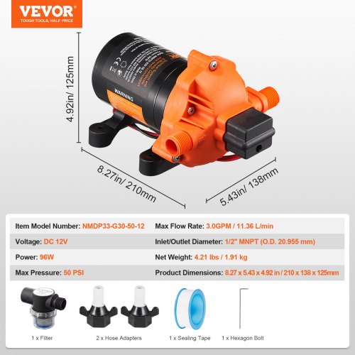 Vandpumpe, 12V membran 3-kammer, 20.7x13.8x12.5 cm, justerbar