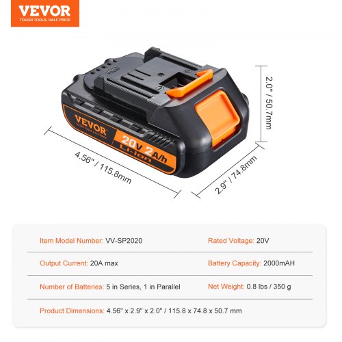 Batteripakke, 20V 2.0Ah lithium-ion højkapacitets erstatning, 115.8x74.8x50.7 mm