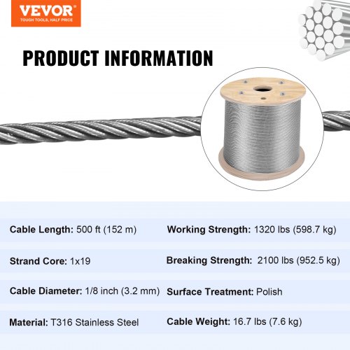 Rostfri stålwire 150 m 3,2 mm, Silver, vajerräcke