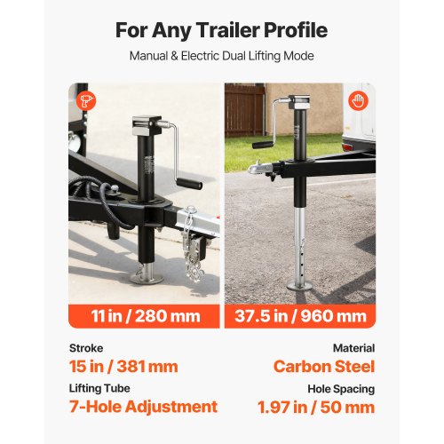 Trailerstøtteben, 580x150x170 mm, Metal, Justerbart støtteben