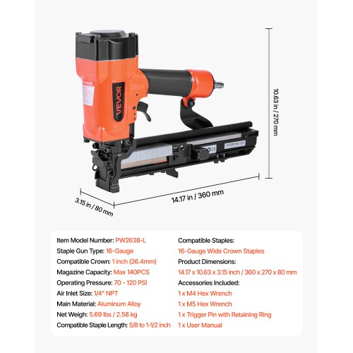 Pneumatisk hæftepistol 360x270x80 mm 16 gauge bred krone, aluminium