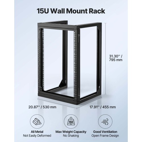 Server Rack, 15U vægmonteret åbent stel, 52x45,5 cm, sort, kulstofstål