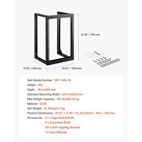 Server Rack, 15U vægmonteret åbent stel, 52x45,5 cm, sort, kulstofstål