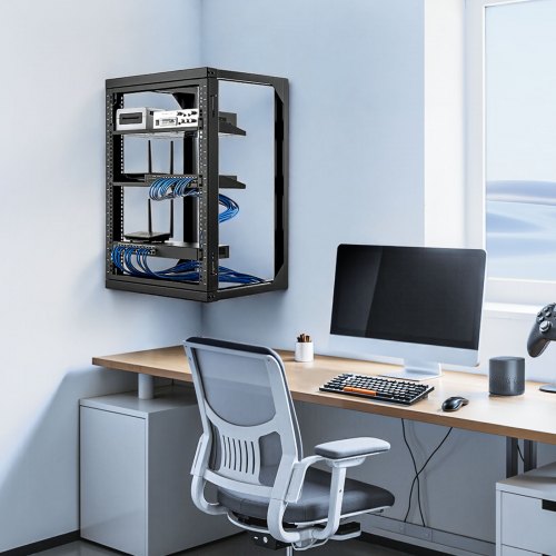 Server Rack, 15U vægmonteret åbent stel, 52x45,5 cm, sort, kulstofstål