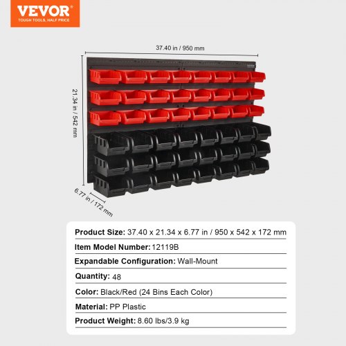 Opbevaringshylde med kasser, 48-kasse vægmonteret organizer, 95x54,2x17,2 cm, sort/rød, plast