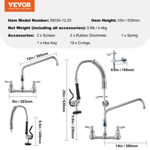 Køkkenarmatur til erhverv, 63,5x20,3x30,5 cm, messing, vægmontering, med sprayer