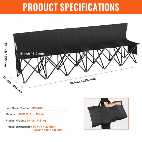 Sammenklappelig bænk, 239x44x83.5 cm, Sort, 600D Oxford-stof