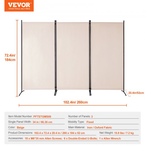Rumdeler, 2600x1840x520 mm, Beige, Sammenklappelig afskærmningsskærm