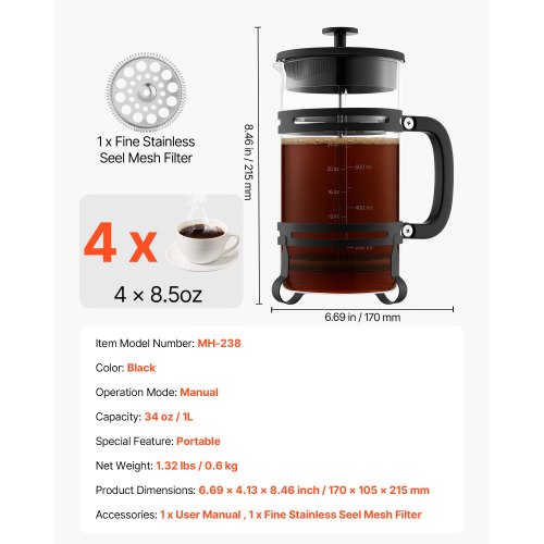 French press -kahvinkeitin, 17x10.5x21.5 cm, musta, lasi