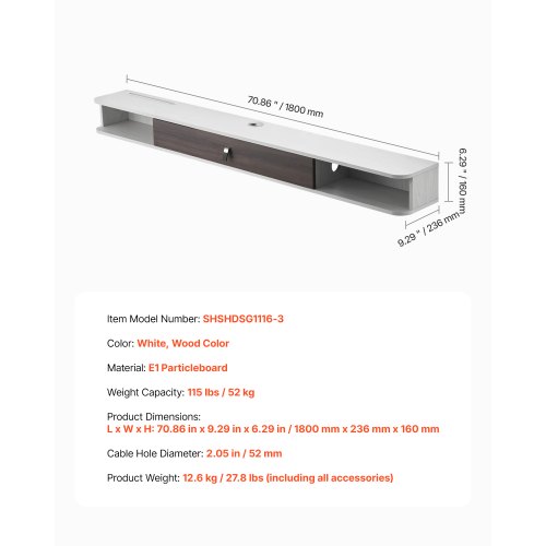 Flydende TV-bord, 180x23,6x16 cm, Hvid, Opbevaringsskab