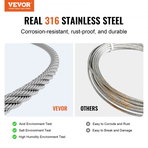 Wire Rope Kit, 316 rustfrit stål 3,18 mm 182,3 m, sølv, med skæreværktøj og handsker