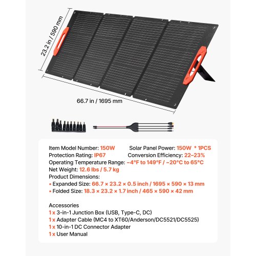 Solpanel, 150W foldbar monokrystallinsk, 169,5x59x1,3 cm, bærbar