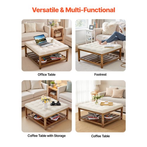 Ottoman sofabord, 87,5x87,5x44,5 cm, off-white, linnedpolstret opbevaring