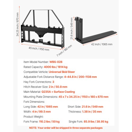 Pallelgafler, Skid Steer palleløfterramme, 1150x180x870 mm, Stål