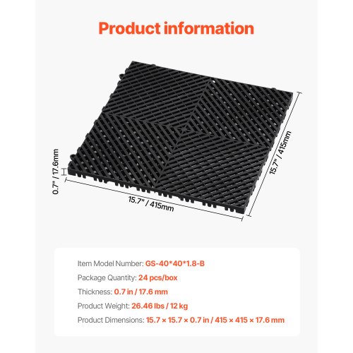 Afløbsgulvmåtte, 41.5x41.5x1.8 cm, Sort, PP-materiale