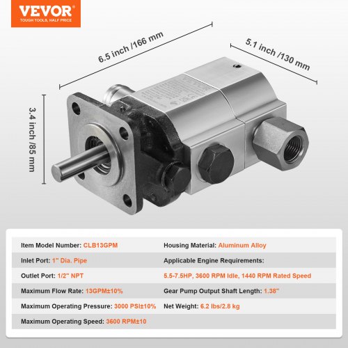 Hydraulisk brændekløverpumpe, 13GPM 2-trins 3000 PSI, 13x8,5x16,6 cm, aluminium