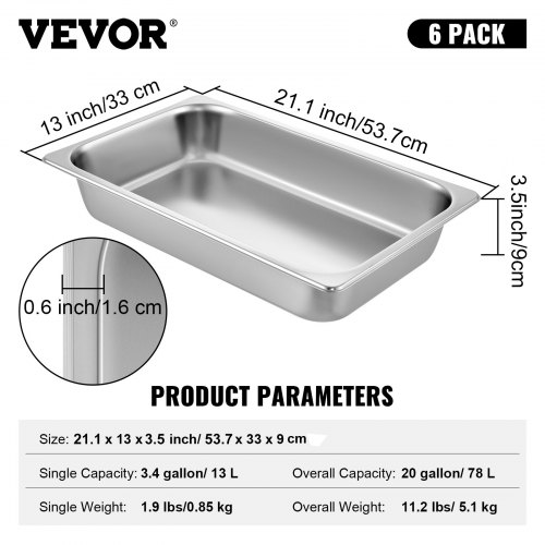 Steam Table Pan Sæt, 6 stk., 53,1x32,5x9,9 cm, Rustfrit Stål