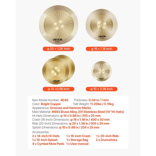 Cymbalsæt, 4 dele, 25,4x35,5x50,5 cm, Kobber, Legering