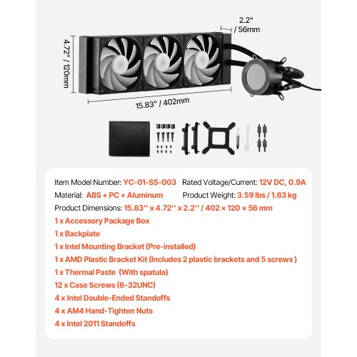 Nestejäähdytteinen prosessorijäähdytin, 402x120x56 mm, musta, LCD-näyttö