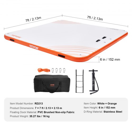 Oppustelig flydende dock 213x213x15,2 cm hvid orange, PVC, vandplatform