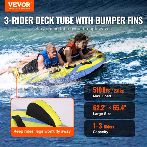 Trækbar tube, oppustelig til 3 personer med finner, 158x166,2x36,5 cm, vandsport