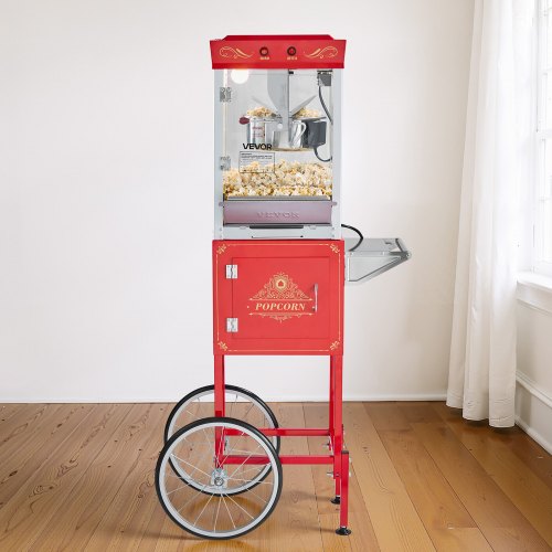Popcornmaskine med vogn, 0,2 kg rustfri stålkedel, rød, kommerciel