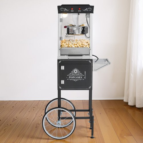 Popcornmaskine med vogn, 0,2 kg rustfrit stålkedel, sort, kommerciel