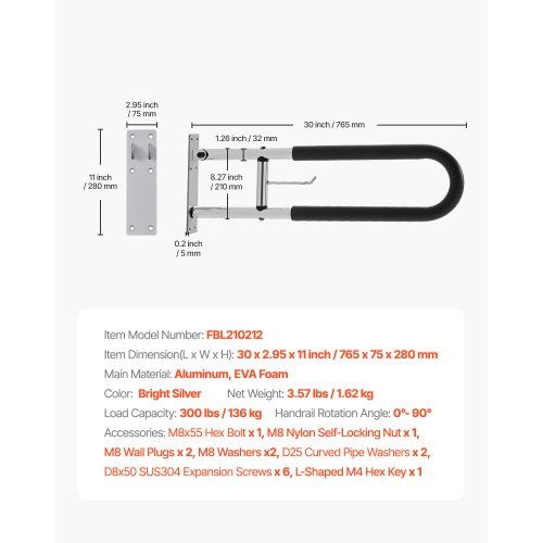 Toiletsikkerhedsrail, U-formet foldbar støttebøjle 28x7.5x76.5 cm, sølv, aluminium