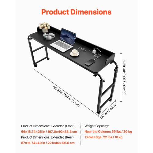 Overbed-bord 221x40x101,6 cm Sort Justerbar