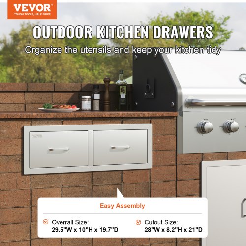 BBQ-skuffe, Dobbelt horisontale skuffer med opbevaringsskab, 74,9x25,4x50 cm, rustfrit stål