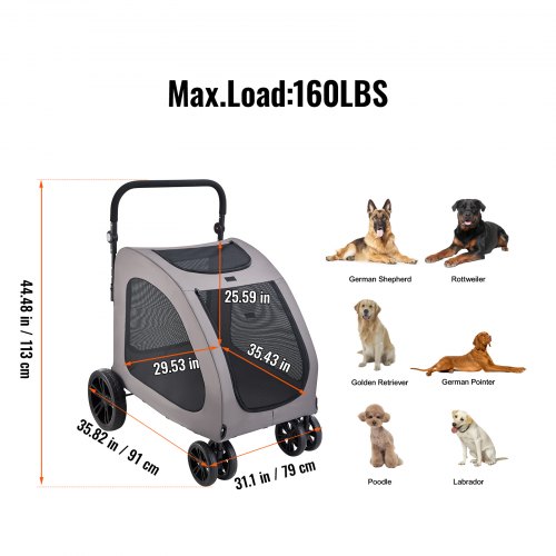 Lemmikkivaunu, 91x79x113 cm, tummanharmaa, säädettävä kahva