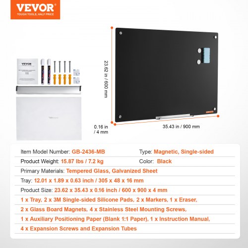 Magnetisk glas whiteboard 60x90x0,4 cm sort, hærdet glas