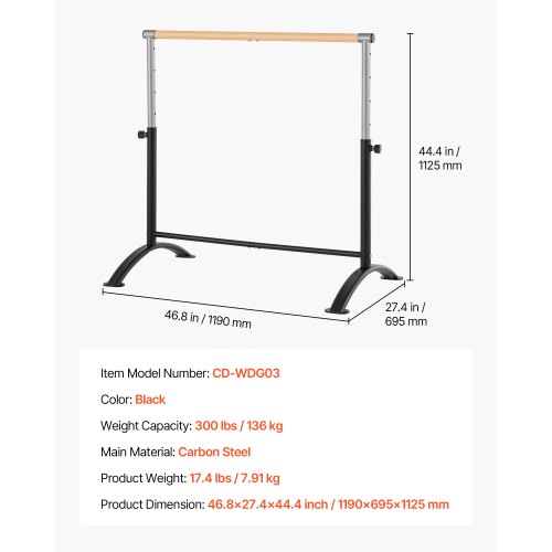 Balletbarre, 119x69.5x112.5 cm, Sort, Justerbart stål