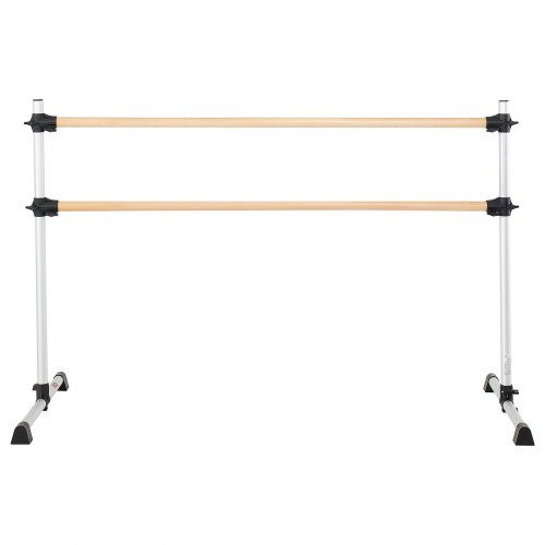 Balletbarre, dobbelt fritstående justerbar i bøgetræ, 184x76x118 cm, sølv