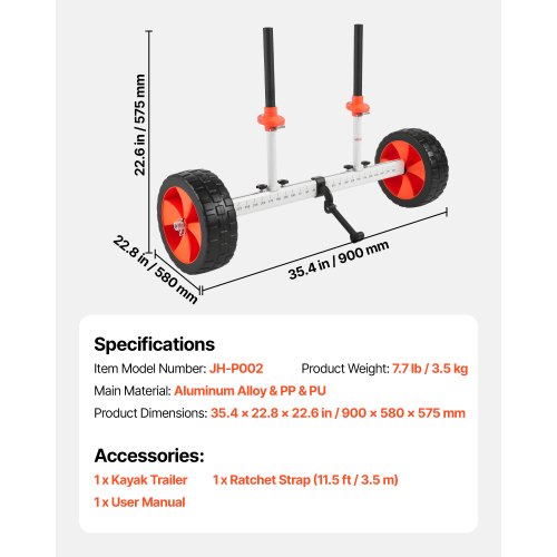 Kajakvogn, 90x58x57,5 cm, aluminiumlegering, paddleboard transport