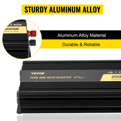 Strøminverter, Ren Sinusbølge 2500W DC 12V til AC 230V, LCD Display, Fjernbetjening, Aluminium