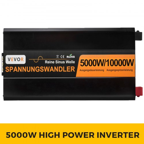 Strøminverter, ren sinus, 5000W, 24V DC til 230V AC, aluminium