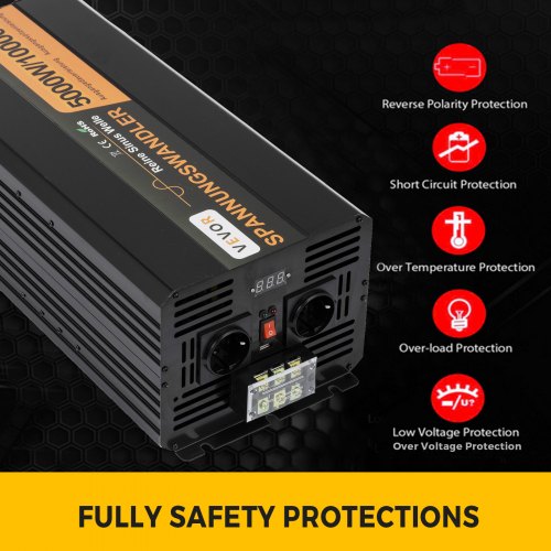 Strøminverter, ren sinus, 5000W, 24V DC til 230V AC, aluminium