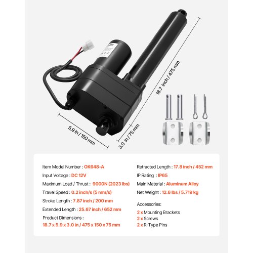 Lineær aktuator, 200mm slag 9000N IP65 5mm/s, 475x150x75 mm, kraftig aluminium
