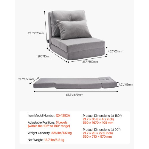 Konvertibel flipstol, 55x167x10,5 cm, grå, justerbar foldbar sovesofa