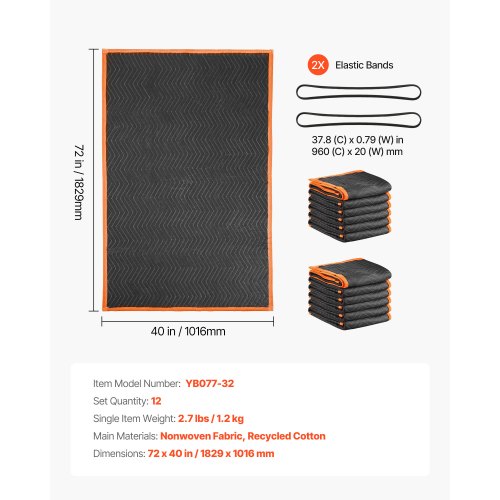 Flyttetæppe, 182,9x101,6 cm, Sort, Bomuldsfyld, Kraftig Nonwoven-stof