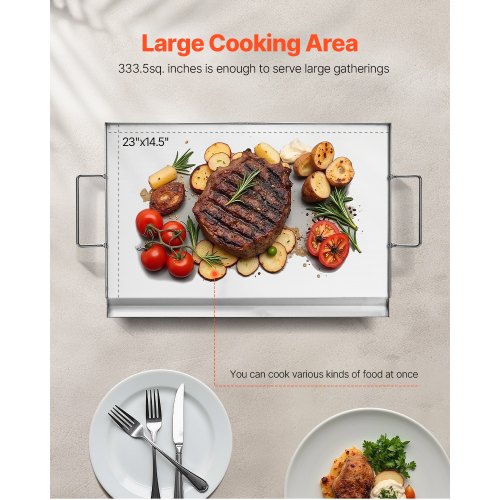 Grillplade, 58,5x40,6 cm, Rustfrit Stål, Flad Top Stegeplade