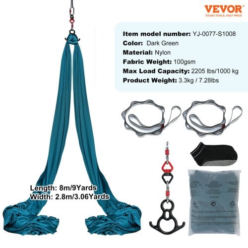Aerial Yoga Hængekøje Sæt, 800x280 cm, Grøn, Nylonstof