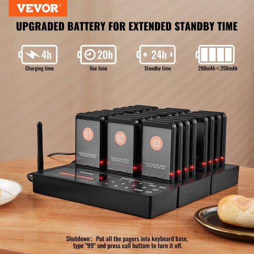 Restaurant Pager System, Trådløs 400m Lang Rækkevidde, 24 Søgere, Sort, Kaldeenhed