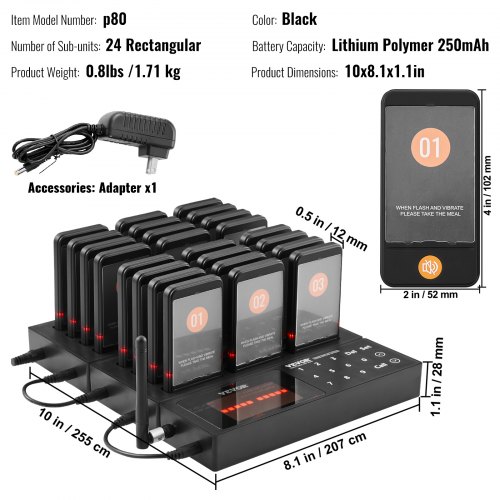 Restaurant Pager System, Trådløs 400m Lang Rækkevidde, 24 Søgere, Sort, Kaldeenhed