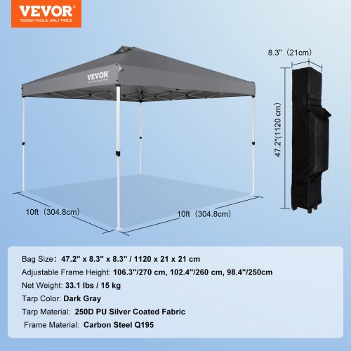 Canopy-teltta, 304,8x304,8 cm, tummanharmaa, vedenpitävä ulkosuoja