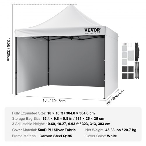 Pavillon, 304,8x304,8 cm, Hvid, med sidevægge og taske