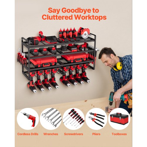Power Tool Organizer, 4-lags vægmonteret reol 92,9x20x42 cm, Sort, Stål