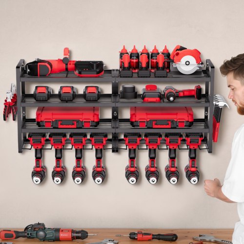 Power Tool Organizer, 4-lags vægmonteret reol 92,9x20x42 cm, Sort, Stål