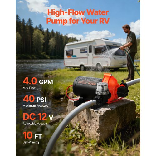 Vattenpump, 12V DC 15,1 L/min självsugande membran, svart, för husbil och marin